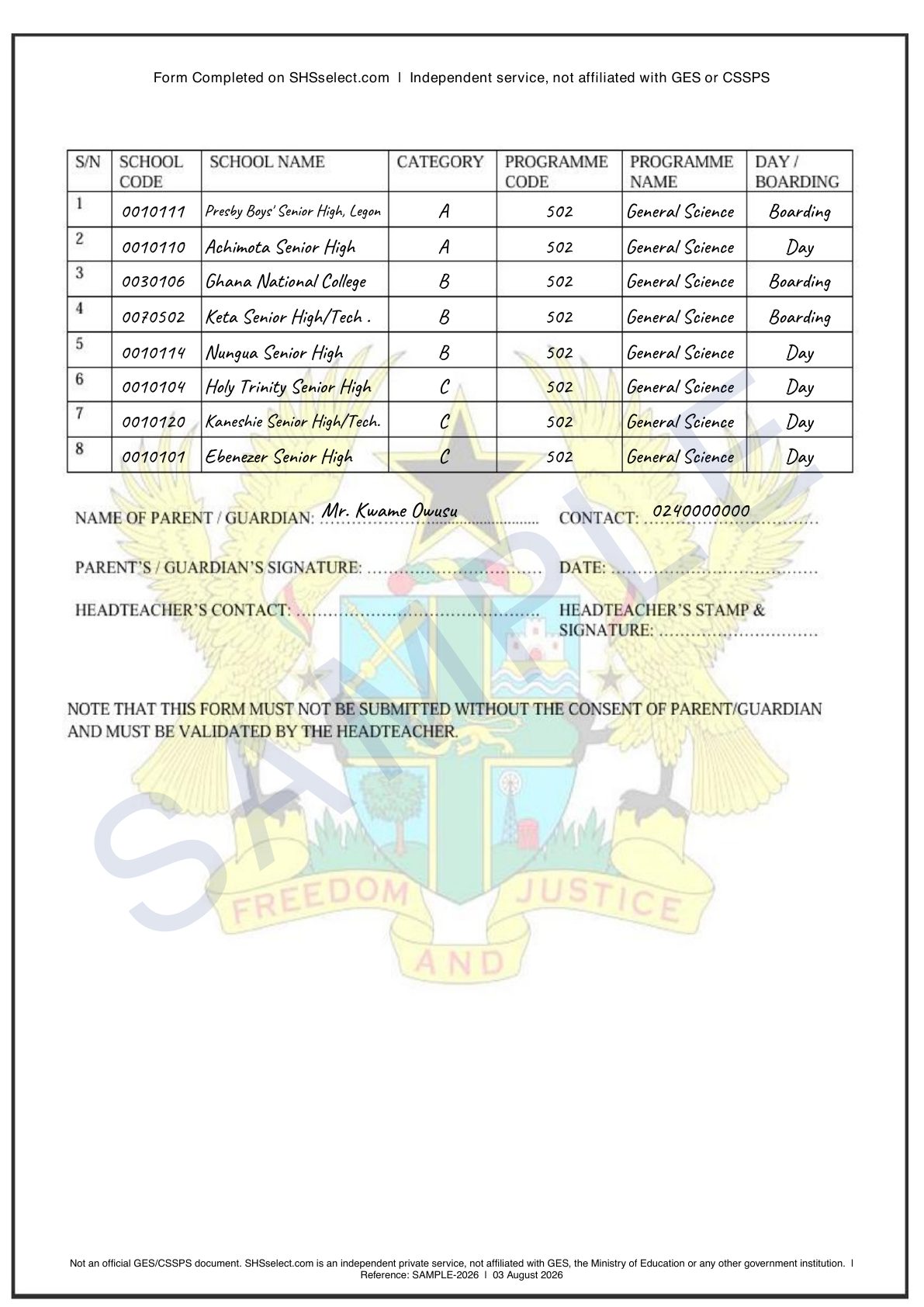 Sample CSSPS 2026 school selection form filled with a high-tier selection of 8 schools
